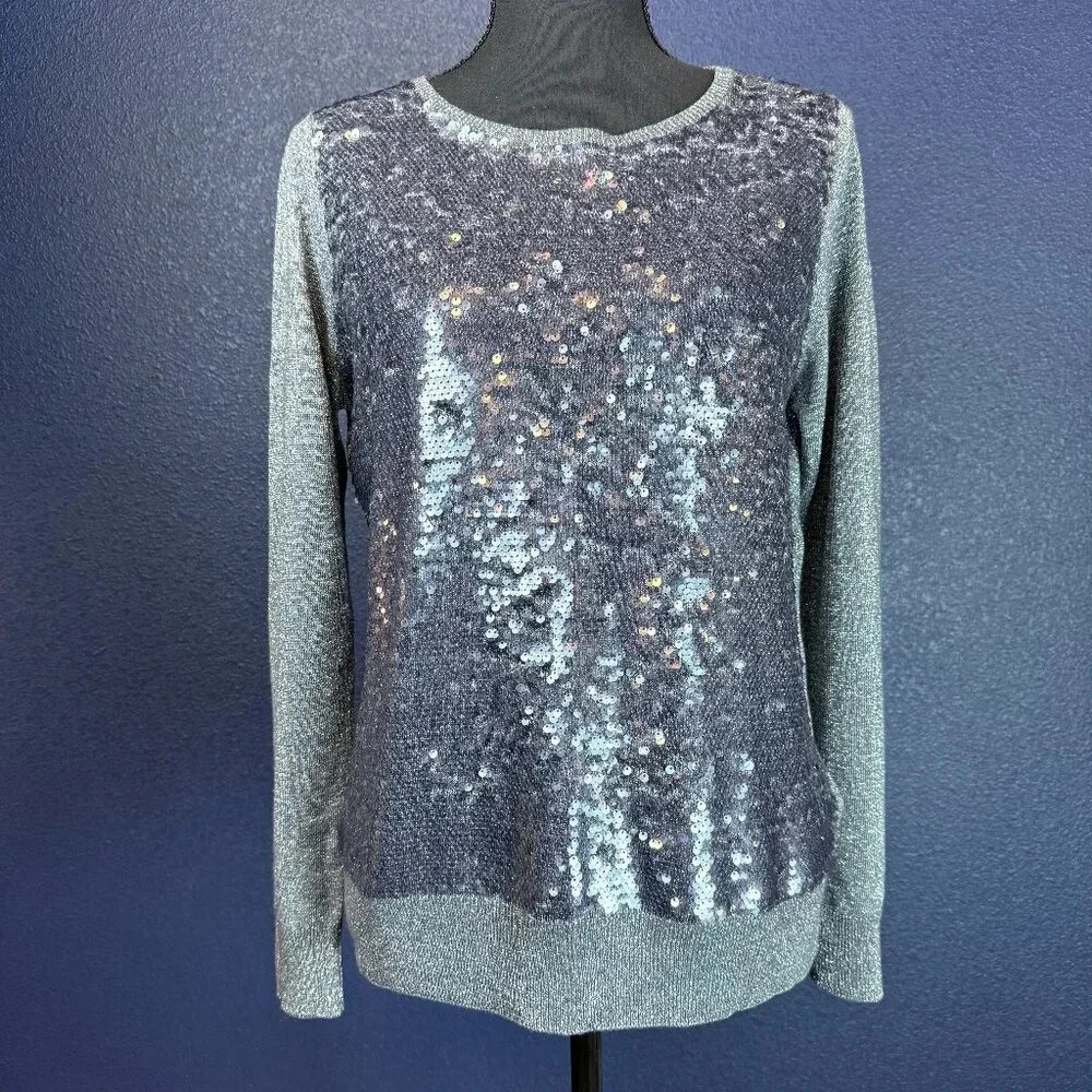 H&M Silver Sequin Front Crew Neck Sweater, Size Large